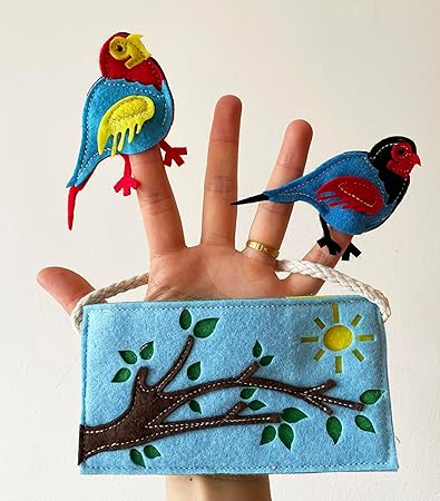 Finger Puppet Two Little Dicky Birds with beautifully made Tree Branch Bag, Colorful finger Puppet for Creative Play
