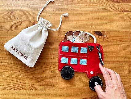 Nursery Rhyme" The Wheels on the Bus " Finger Puppet Play Set - Detachable Wheels, Open-and-Shut Door, 3 Finger Puppets Mummy Dadday and Baby with a Bus Bag