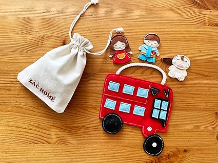 Nursery Rhyme" The Wheels on the Bus " Finger Puppet Play Set - Detachable Wheels, Open-and-Shut Door, 3 Finger Puppets Mummy Dadday and Baby with a Bus Bag