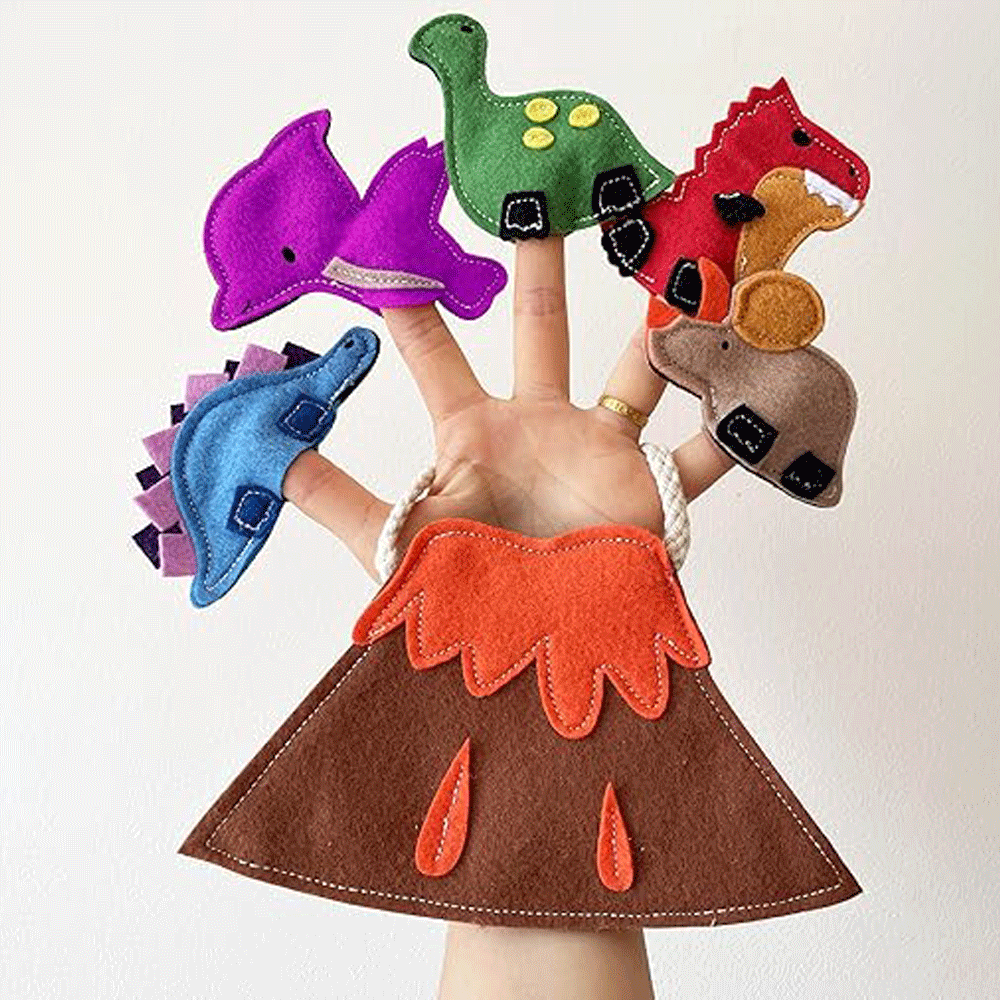 Dinosaur Finger Puppet Set with Volcano Bag Toddler Play Set - Pack of 5 dinosaurs