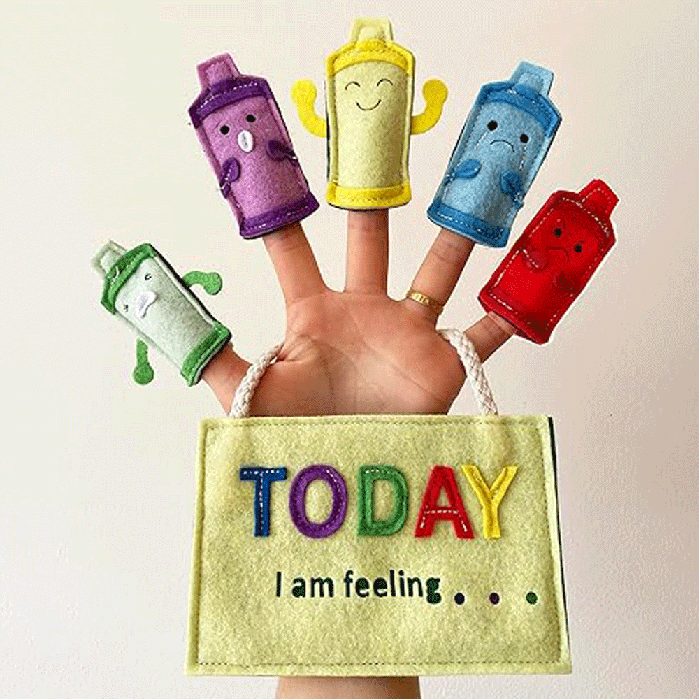 Emotion Feeling Family: 5 Emotions Finger Puppet Set with Bag - Happy, Sad, Angry, Surprised, Scared for emotional awareness and expression