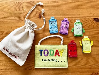 Emotion Feeling Family: 5 Emotions Finger Puppet Set with Bag - Happy, Sad, Angry, Surprised, Scared for emotional awareness and expression