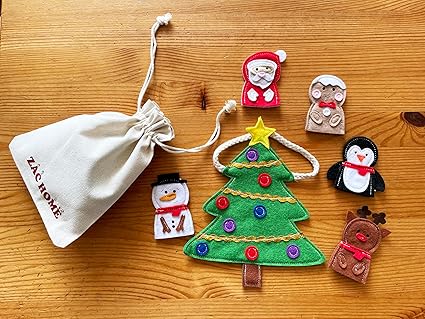 Christmas Felt Finger Puppets Set, Santa, Reindeer and Christmas Tree, Handmade Decorations for Kids