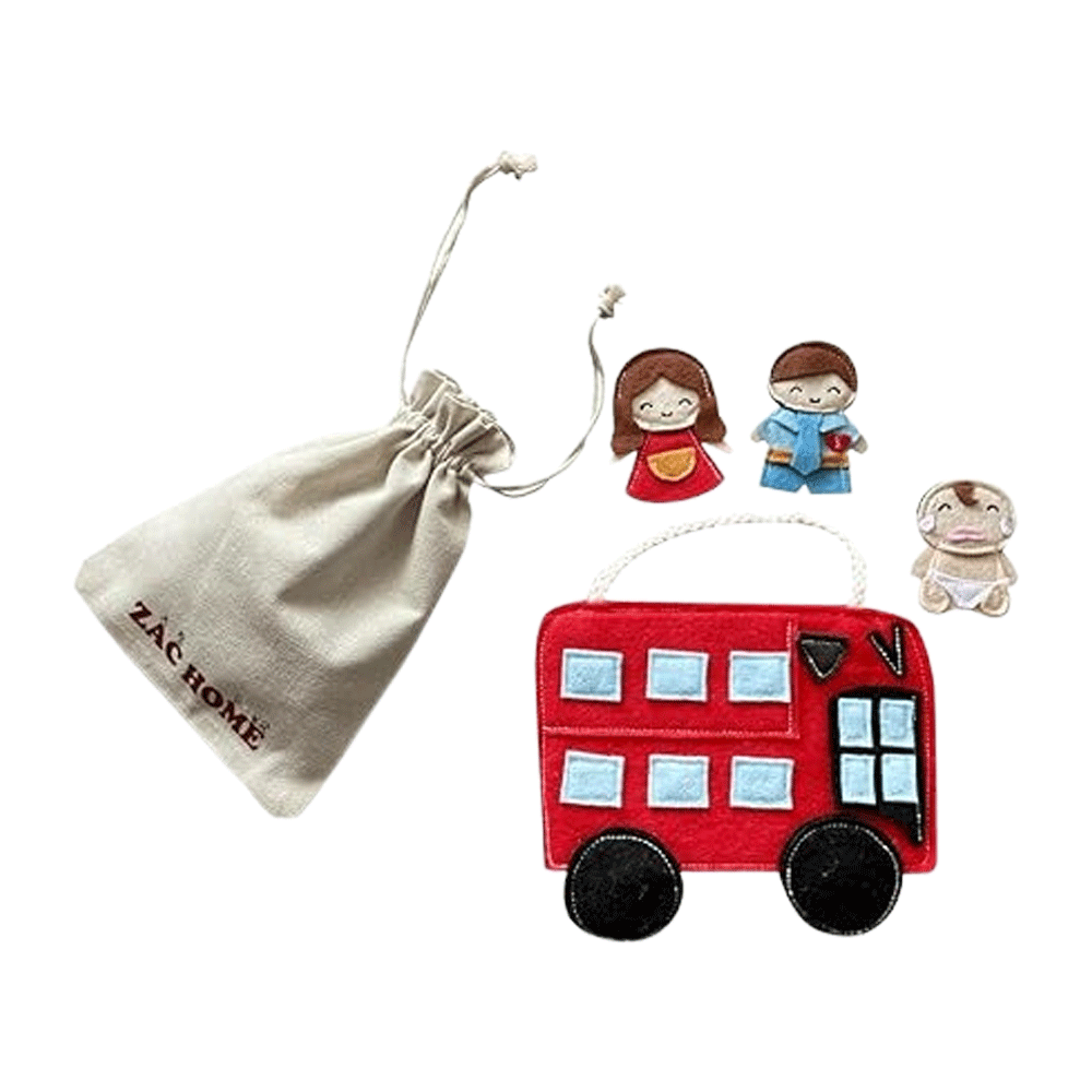Nursery Rhyme" The Wheels on the Bus " Finger Puppet Play Set - Detachable Wheels, Open-and-Shut Door, 3 Finger Puppets Mummy Dadday and Baby with a Bus Bag