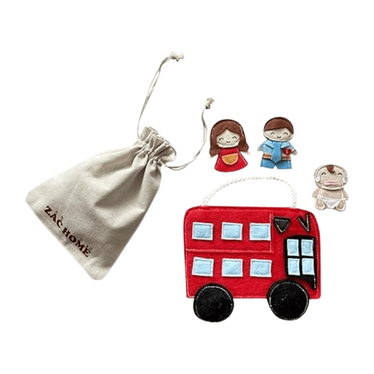 Nursery Rhyme" The Wheels on the Bus " Finger Puppet Play Set - Detachable Wheels, Open-and-Shut Door, 3 Finger Puppets Mummy Dadday and Baby with a Bus Bag